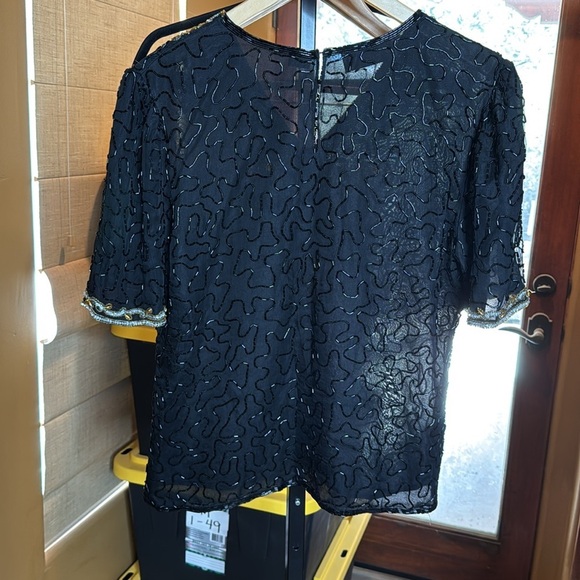 Laurence Kazar Black 100% Silk Blouse Silver Gold Sequin Beaded Size XS - Picture 8 of 9